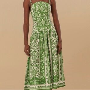 FARM Rio Linen Tapestry Green and White Midi Dress